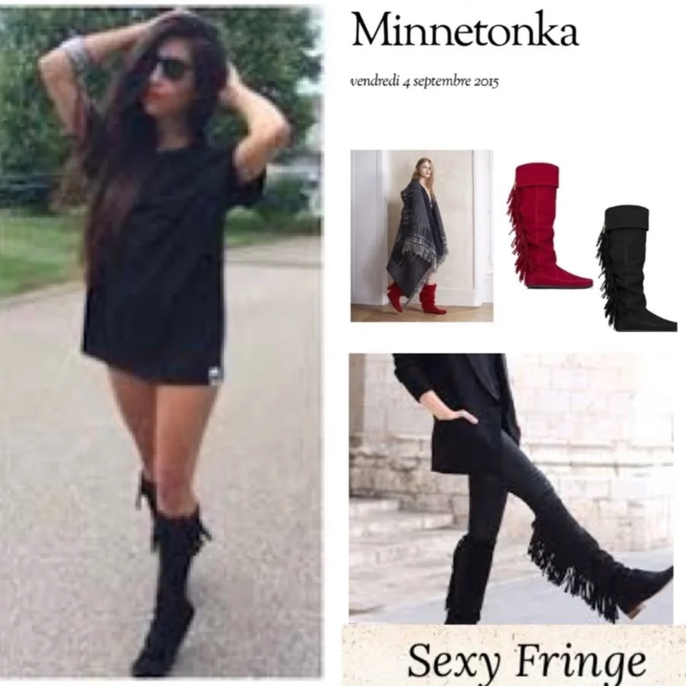 Vintage Suede Boots Black Fringe Knee High Tall Y2K Minnetonka Indian Moccasins